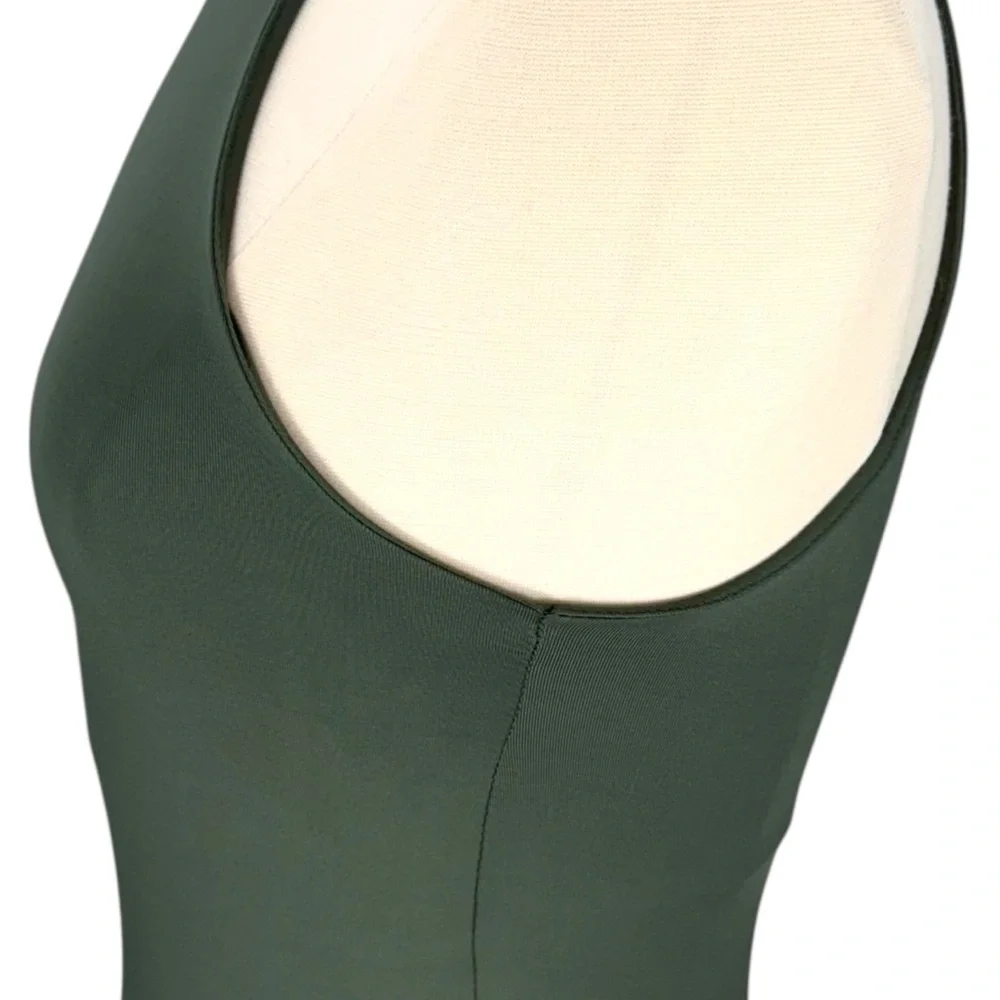 Francesca’s GB Fashion London Army Green High Neck Sleeveless Brief Cut Bodysuit - Picture 13 of 16
